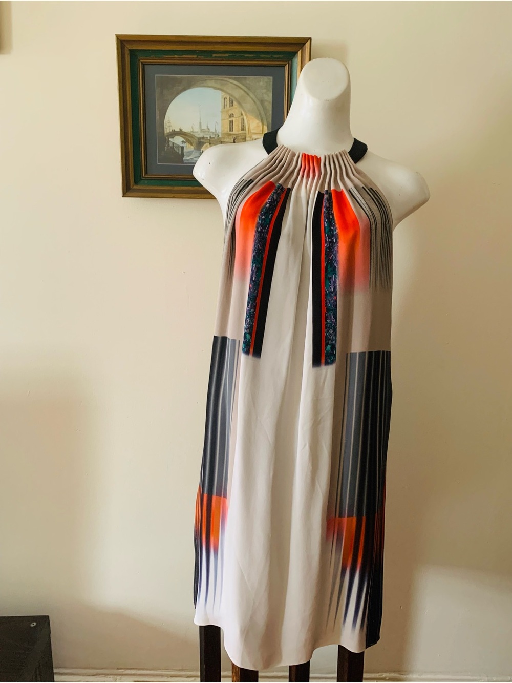 Pleated Halter Shift Dress in White and Orange